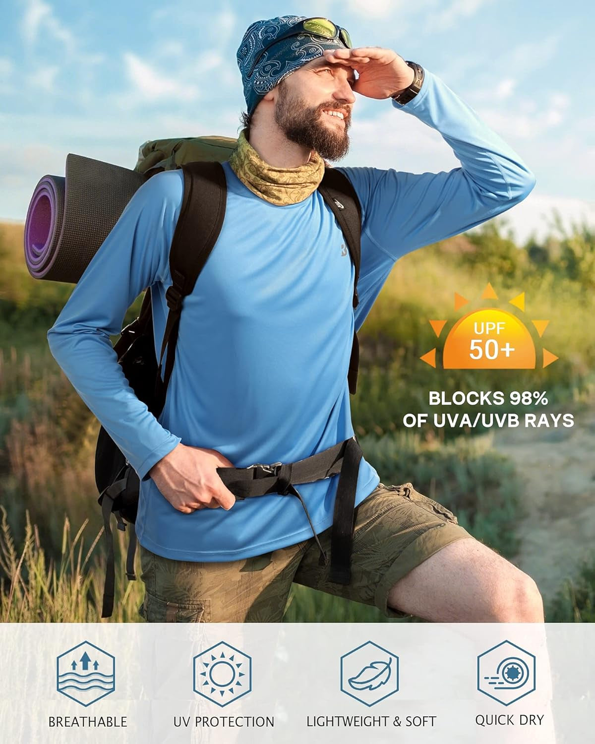 Mens UPF 50+ UV Sun Protection Shirts Outdoor Long Sleeve SPF Rash Guard for Fishing Hiking Swimming Running